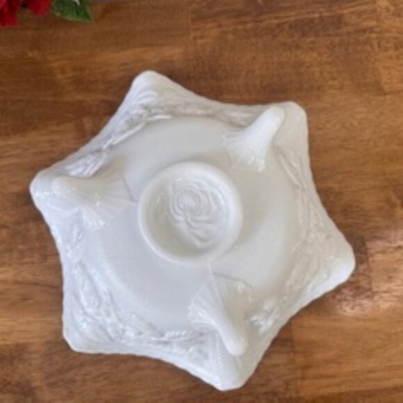 Vintage White Milk Glass Bowl Embossed Rose Floral Footed Dish Ruffled Edge - Picture 5 of 5
